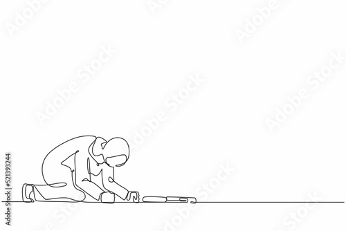 Single continuous line drawing depressed Arabian businesswoman with briefcase crawling in despair on floor. Frustrated office worker mental health problems. One line graphic design vector illustration