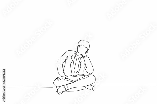 Continuous one line drawing businessman who is asking questions or is confused because he gets into problem. Running out of ideas, daydreaming, sad, depressed. Single line draw design vector graphic