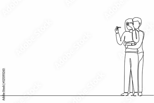 Single continuous line drawing sad couple looking at negative pregnancy test, idea of infertility. Woman and man can't have a baby. Unhappy parents. One line draw graphic design vector illustration