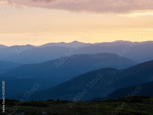 Panoramic view of mountains. Scenic mountain landscape. Carpathian, Ukraine.