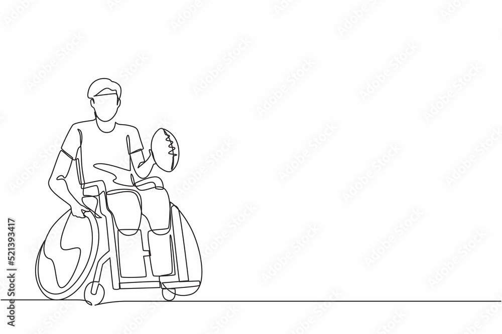 Single continuous line drawing American football player recovering from injury on wheelchair.  man playing on sport competition. Athlete with physical disorder. One line graphic design vector