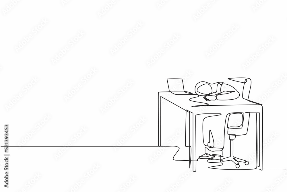 Single one line drawing exhausted sick tired Arab female manager in office sad boring sitting with head down on laptop. Frustrated worker mental health problems. Continuous line design graphic vector Single one line drawing exhausted sick tired Arab female manager in office sad boring sitting with head down on laptop. Frustrated worker mental health problems. Continuous line design graphic vector
