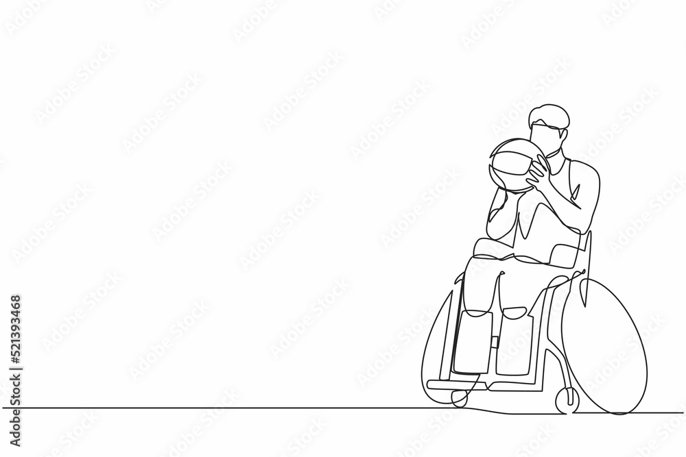 Single one line drawing athlete in wheelchair play basketball.  man training for tournament game, sport for invalid person. Tolerance, inclusive. Continuous line draw design graphic vector
