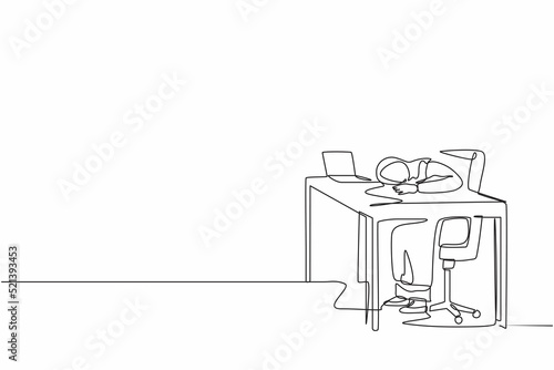 Single one line drawing exhausted sick tired Arab female manager in office sad boring sitting with head down on laptop. Frustrated worker mental health problems. Continuous line design graphic vector