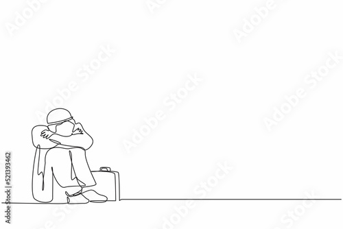 Single continuous line drawing depressed Arabian businessman suffer emotion sadness stress with briefcase sitting in despair on the floor. Worker feeling blue and stress. One line draw design vector