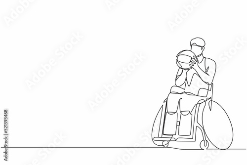 Single one line drawing athlete in wheelchair play basketball.  man training for tournament game, sport for invalid person. Tolerance, inclusive. Continuous line draw design graphic vector