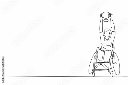 Single one line drawing disability woman in wheelchair hold golden cup trophy winner. . Game tournament, sport training, challenge. Continuous line design graphic vector