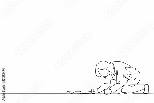 Single continuous line drawing depressed businesswoman with briefcase crawling in despair on floor. Frustrated office worker mental health problems. One line draw graphic design vector illustration