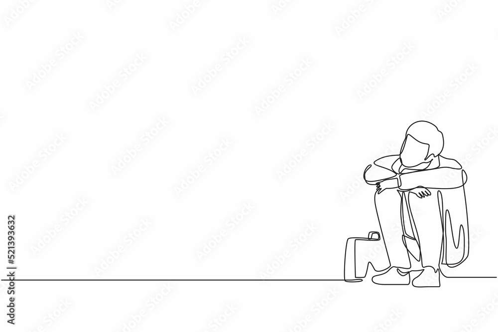 Continuous one line drawing depressed businessman suffer emotion sadness melancholy stress with briefcase sitting in despair on the floor. Worker sad gesture expression. Single line draw design vector Continuous one line drawing depressed businessman suffer emotion sadness melancholy stress with briefcase sitting in despair on the floor. Worker sad gesture expression. Single line draw design vector