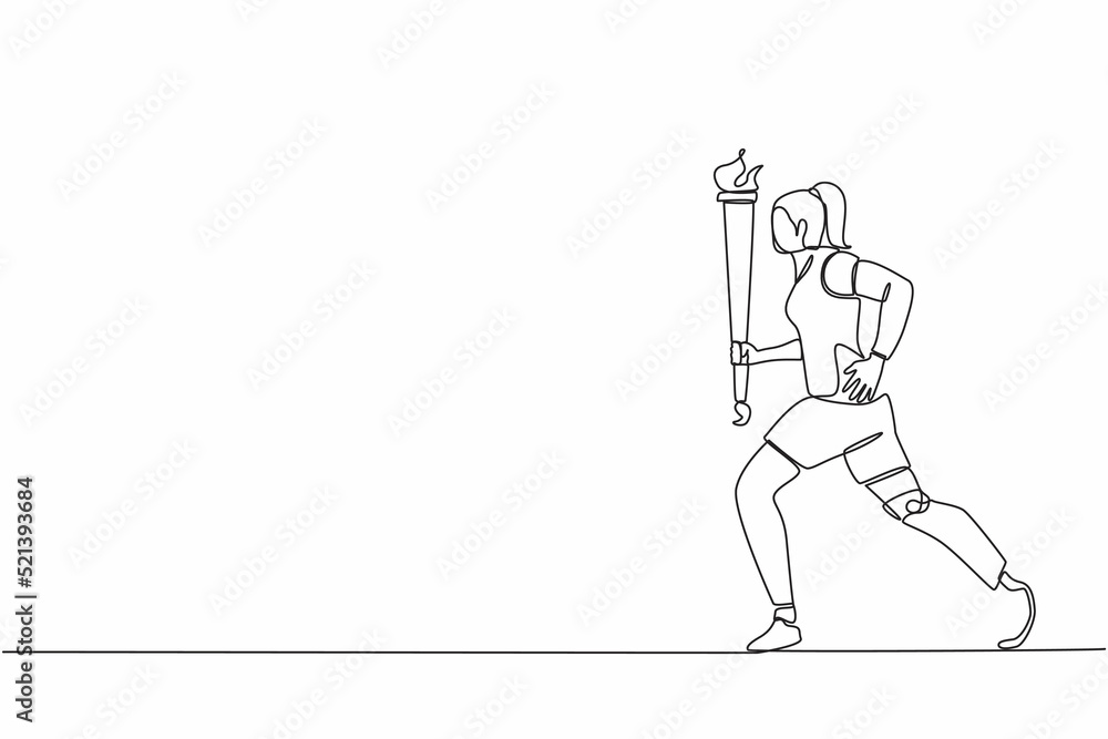 Single one line drawing young athlete with prosthetic leg holding torch. Disability sportswoman participating in opening ceremony of sport tournament. Continuous line design graphic vector Single one line drawing young athlete with prosthetic leg holding torch. Disability sportswoman participating in opening ceremony of sport tournament. Continuous line design graphic vector