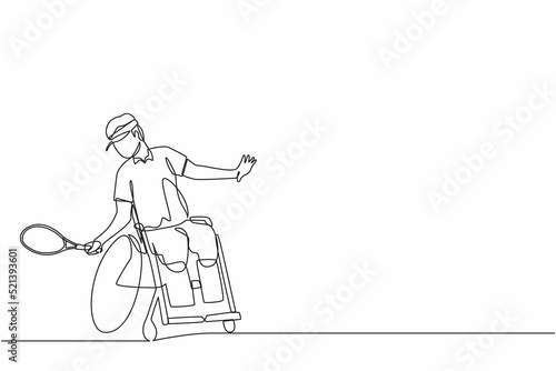 Continuous one line drawing sportsman with wheelchair playing tennis. Concept of society, community of persons with disabilities. Hobbies, interests. Single line design vector graphic illustration
