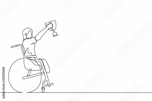 Continuous one line drawing happy sportswoman in wheelchair hold golden cup trophy winner.  person recovery. Game competition, sport training, challenge. Single line draw design vector graphic © Simple Line