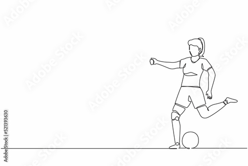 Continuous one line drawing disabled woman athlete playing football. Disability soccer player with leg prosthesis. Match, competition.  sport training. Single line draw design vector graphic