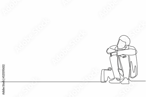 Continuous one line drawing depressed businessman suffer emotion sadness melancholy stress with briefcase sitting in despair on the floor. Worker sad gesture expression. Single line draw design vector