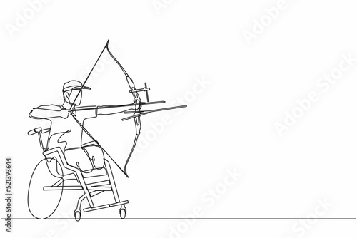 Continuous one line drawing disabled archer male athlete aiming with sports bow. Archery sport equipment for athletes. Disability archer man aiming an arrow. Single line draw design vector graphic