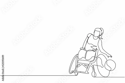 Single one line drawing athlete playing basketball sitting in wheelchair. woman with paralyzed legs training with ball. Person with disability doing sports. Continuous line draw design vector
