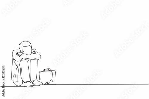 Single continuous line drawing depressed businessman suffer emotion sadness melancholy stress with briefcase sitting in despair on the floor. Worker feeling blue and stress. One line design vector