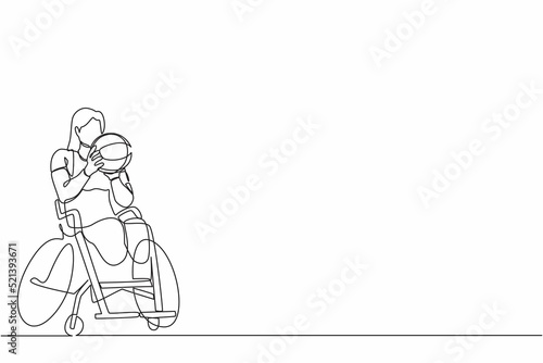 Continuous one line drawing athlete in wheelchair play basketball. woman training for tournament game, sport for invalid person. Accessibility and diversity. Single line graphic design vector