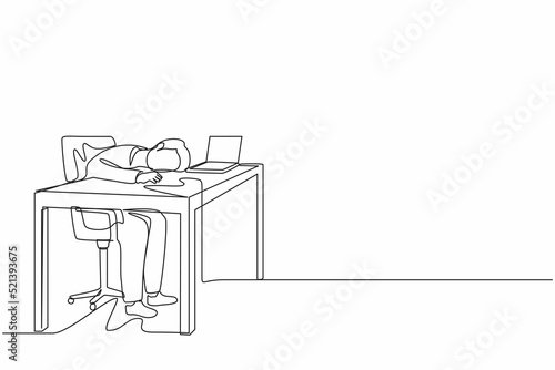 Single continuous line drawing exhausted sick tired male manager in office sad boring sitting with head down on laptop. Frustrated worker mental health problems. One line draw graphic design vector