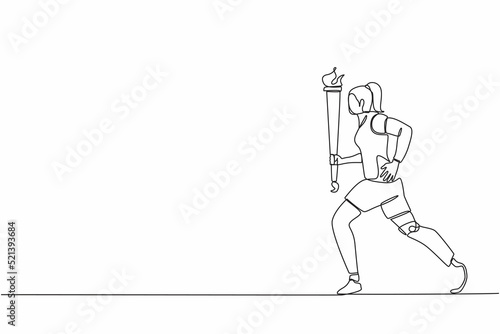 Single one line drawing young athlete with prosthetic leg holding torch. Disability sportswoman participating in opening ceremony of sport tournament. Continuous line design graphic vector
