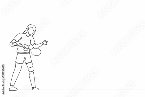 Single continuous line drawing female athlete playing badminton.  woman with prosthetic leg holding racket. Person with disability performing sports activity. One line graphic design vector