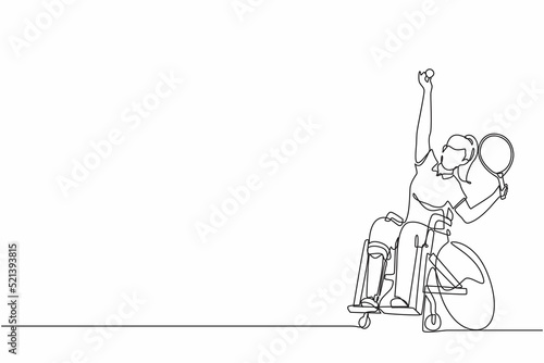 Single continuous line drawing wheelchair tennis sport. athlete in wheelchair with racket. Active people. Woman. Disability, social policy. Social support. One line draw graphic design vector