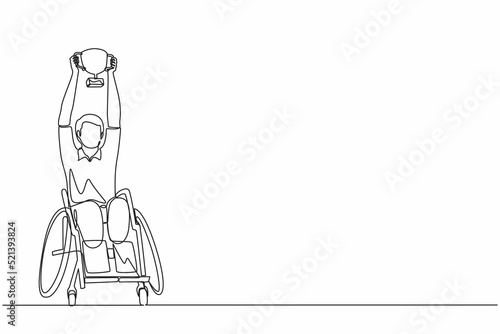 Single continuous line drawing disability man in wheelchair hold golden cup trophy winner.  person rehabilitation. Game tournament, sport training, challenge. One line graphic design vector
