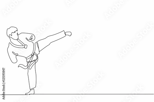 Single continuous line drawing male athlete with disability practicing taekwondo.  sportsman doing kicking pose in sport tournament. Dynamic one line draw graphic design vector illustration