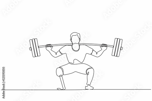 Single one line drawing disabled man weightlifter with amputated legs. Athletic weightlifting workout with barbell muscles sport strongman beautiful body fitness. Continuous line design graphic vector