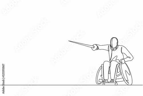Single continuous line drawing disabled fencing young man in a wheelchair. Disability swordsman with rapier. Concept for sport, summer games, recovery, swordplay. One line draw graphic design vector