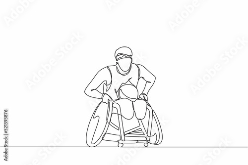 Continuous one line drawing  sportsman play rugby on wheelchair sport competition. Disabled rugby player in wheelchair. Athlete with physical disorder. Single line draw design vector graphic