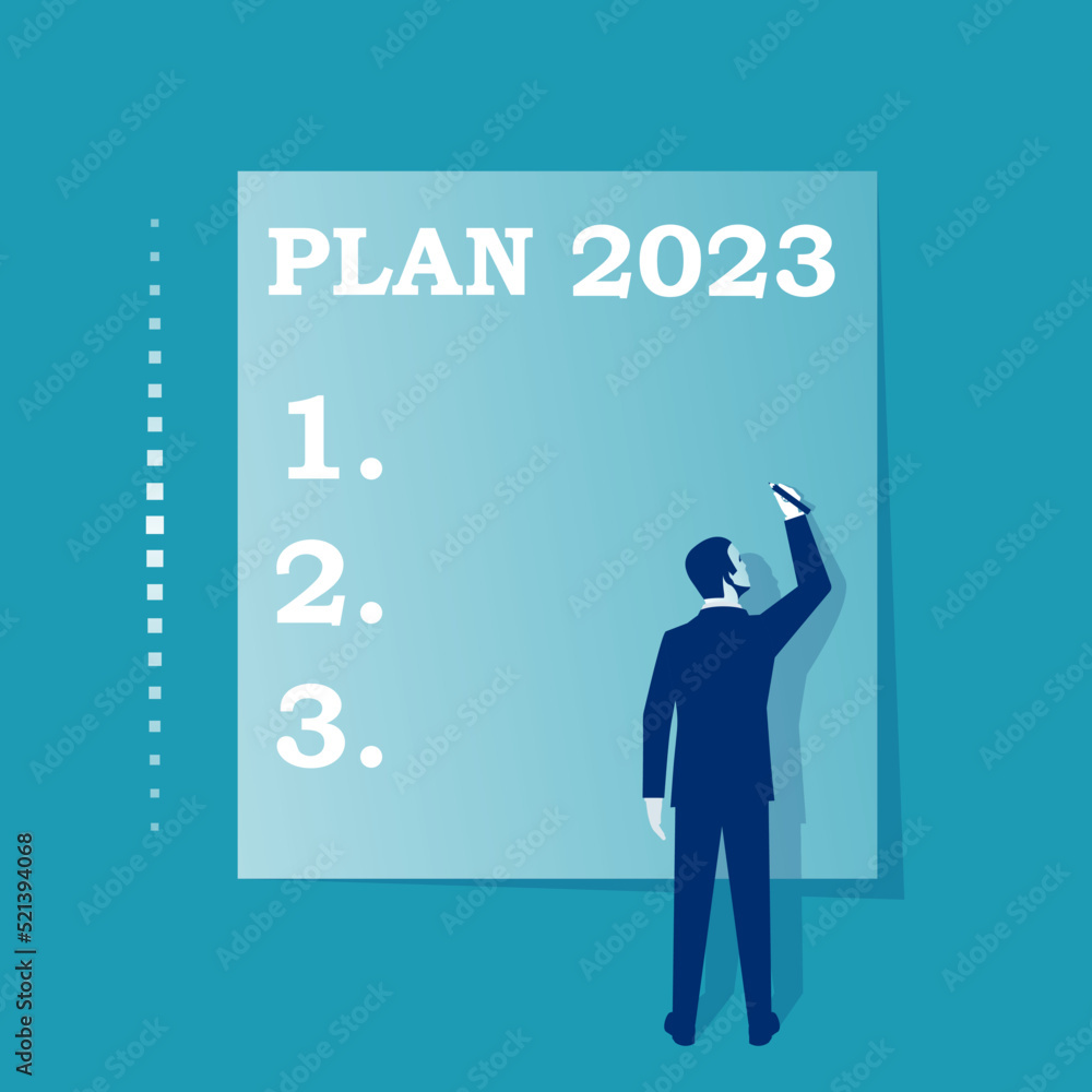 Plan 2023. To do list for next year. Vector illustration flat design. Isolated on white background. Businessman writes a motivational plan. Challenge for future.
