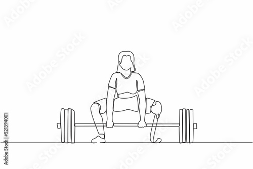 Continuous one line drawing disabled female athlete exercising lifting weights. Disabled young woman training in gym with barbell. Disability sportswoman concept. Single line design vector graphic