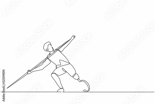 Single one line drawing disabled athlete throwing spear with prosthesis leg. Disabled sportsman with amputated foot. Disability sport, championship, games. Continuous line draw design graphic vector