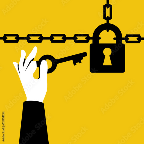 Open the lock. A person holds the key to the hand. Chains for the castle as a symbol of protection and safety. The padlock black icon. Vector illustration flat design. Symbol of protection.