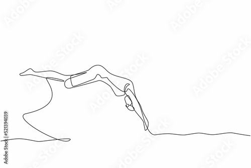 Continuous one line drawing young disabled person. Woman in swimming suit jumping in water without leg. Disability sports. Active life with physical injury. Single line draw design vector illustration