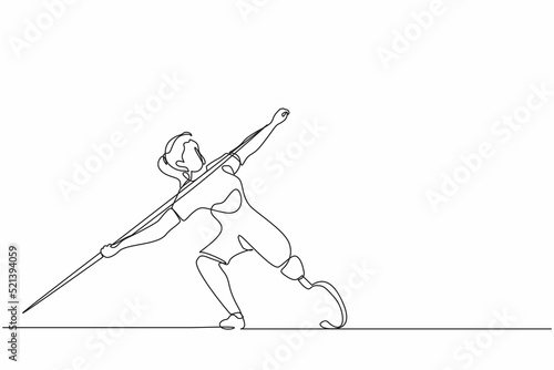 Continuous one line drawing disabled athlete throwing spear with prosthesis leg. Disabled sportswoman with amputated foot. Disabled sport, disability games. Single line draw design vector graphic