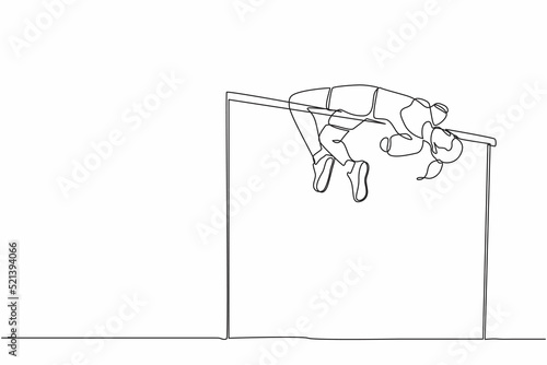 Single continuous line drawing disabled woman doing exercise and become champion high jumper with amputee arms. Disability sport, invalid person playing athletic game. One line graphic design vector