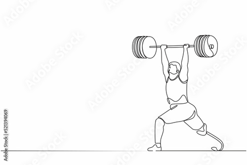 Continuous one line drawing disability male powerlifter lifting barbell. Disabled sportswoman workout at gym. Professional weightlifting exercise. Single line draw design vector graphic illustration