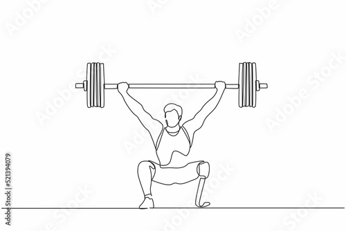 Single one line drawing disabled man weightlifter with amputated legs. Male amputee, heavyweight sportsman. Bionic prosthetic improving life quality. Continuous line design graphic vector illustration