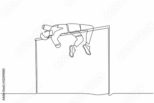 Continuous one line drawing disabled man doing exercise and become champion high jumper with amputee arms. Disability sport, invalid person playing athletic game. Single line design vector graphic
