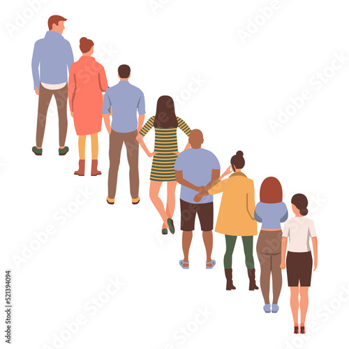 People stand in a long queue. Crowd of young people standing in line. Vector illustration flat design. Isolated on white background. Men and women waiting. Registration or shopping.