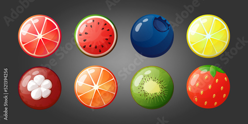 fruits and berries round for games in cartoon style