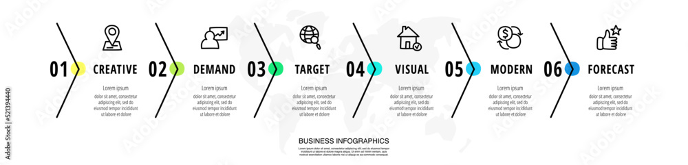 Infographic vector arrow design with 6 steps. Infographics for business concept with six icons. Used for diagram, presentations banner, timeline, process, chart, info graph