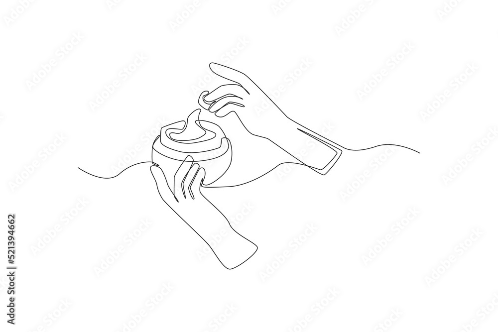 Continuous one line drawing hand uses body care cream. Skin care concept. Single line draw design vector graphic illustration. Continuous one line drawing hand uses body care cream. Skin care concept. Single line draw design vector graphic illustration.