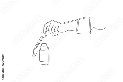 Continuous one line drawing hand with a dropper take a drop of serum in a vial. Skin care concept. Vector graphics illustration of single line drawing design. Skin care concept. Single line draw desi