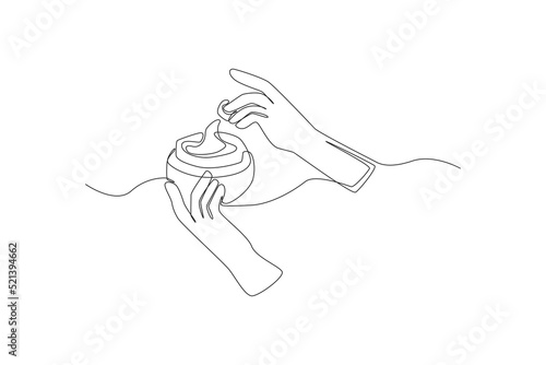 Continuous one line drawing hand uses body care cream. Skin care concept. Single line draw design vector graphic illustration.