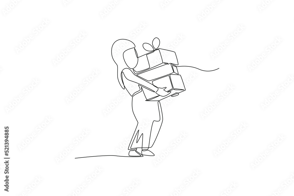 Single one line drawing little girl muslim holding stack of gift boxes. gift box concept. Continuous line draw design graphic vector illustration. Single one line drawing little girl muslim holding stack of gift boxes. gift box concept. Continuous line draw design graphic vector illustration.