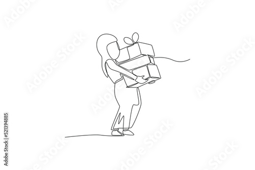 Single one line drawing  little girl muslim holding stack of gift boxes. gift box concept. Continuous line draw design graphic vector illustration.
