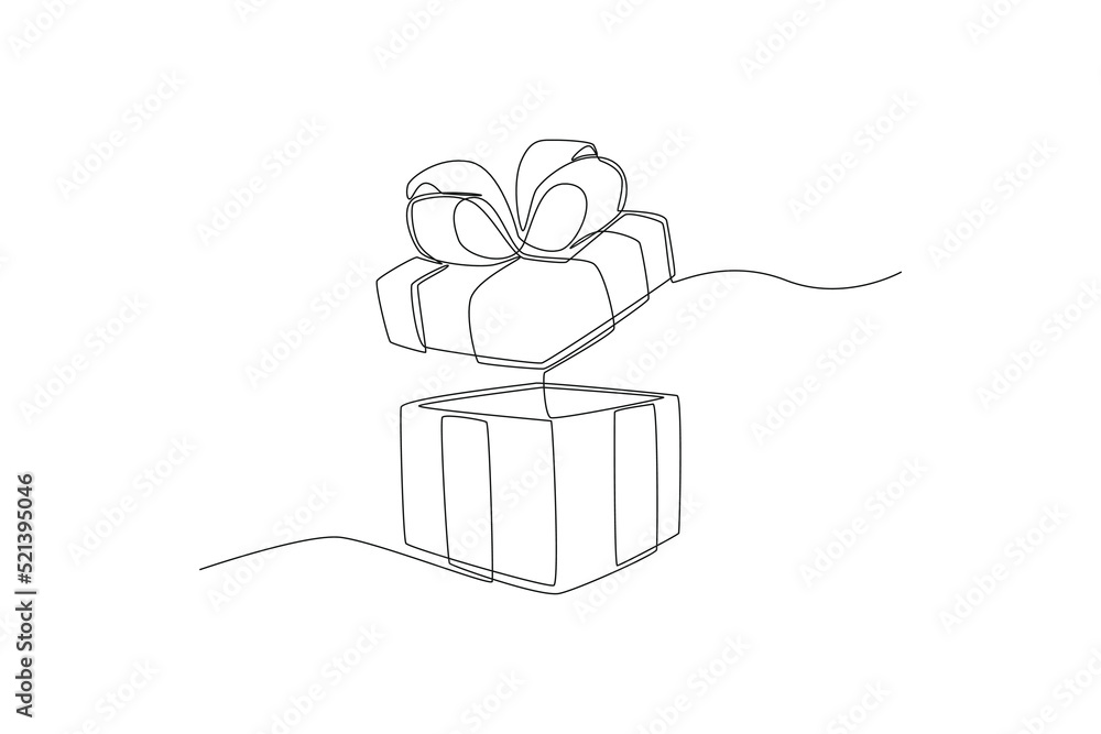 Single one line drawing open gift box with ribbon. gift box concept